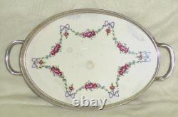 Rare Antique German BMF Porcelain & Silver Plate Rose Garland Oval Tray, c1900