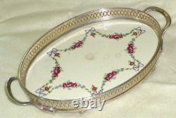 Rare Antique German BMF Porcelain & Silver Plate Rose Garland Oval Tray, c1900