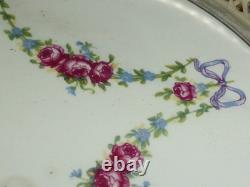Rare Antique German BMF Porcelain & Silver Plate Rose Garland Oval Tray, c1900