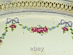 Rare Antique German BMF Porcelain & Silver Plate Rose Garland Oval Tray, c1900