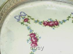 Rare Antique German BMF Porcelain & Silver Plate Rose Garland Oval Tray, c1900