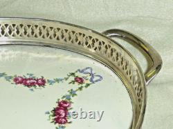 Rare Antique German BMF Porcelain & Silver Plate Rose Garland Oval Tray, c1900