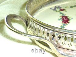 Rare Antique German BMF Porcelain & Silver Plate Rose Garland Oval Tray, c1900