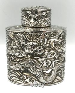 Rare Antique Japanese Silver Plated over Copper Tea Caddy Decorated with Dragons