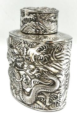 Rare Antique Japanese Silver Plated over Copper Tea Caddy Decorated with Dragons