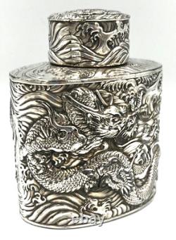 Rare Antique Japanese Silver Plated over Copper Tea Caddy Decorated with Dragons