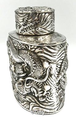 Rare Antique Japanese Silver Plated over Copper Tea Caddy Decorated with Dragons