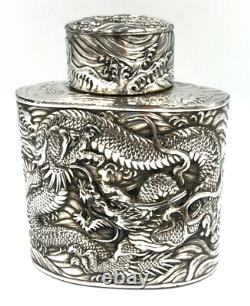 Rare Antique Japanese Silver Plated over Copper Tea Caddy Decorated with Dragons
