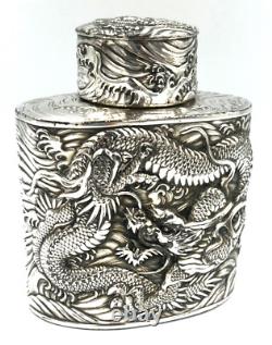 Rare Antique Japanese Silver Plated over Copper Tea Caddy Decorated with Dragons