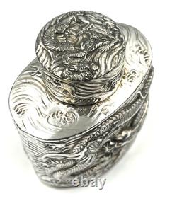 Rare Antique Japanese Silver Plated over Copper Tea Caddy Decorated with Dragons