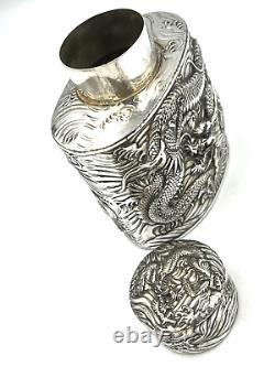 Rare Antique Japanese Silver Plated over Copper Tea Caddy Decorated with Dragons