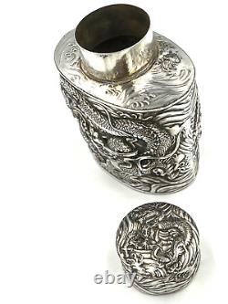 Rare Antique Japanese Silver Plated over Copper Tea Caddy Decorated with Dragons