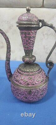 Rare Antique Persian Silver-Plated Pitcher with Intricate Engravings