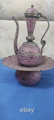 Rare Antique Persian Silver-Plated Pitcher with Intricate Engravings