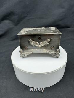 Rare Antique Small Silver Plate Figural footed Jewelry Box with Applied Gold Piece