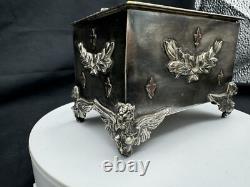 Rare Antique Small Silver Plate Figural footed Jewelry Box with Applied Gold Piece