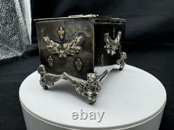 Rare Antique Small Silver Plate Figural footed Jewelry Box with Applied Gold Piece