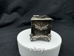 Rare Antique Small Silver Plate Figural footed Jewelry Box with Applied Gold Piece