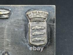 Rare Antique Small Silver Plate Figural footed Jewelry Box with Applied Gold Piece