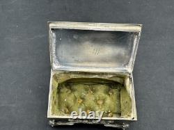 Rare Antique Small Silver Plate Figural footed Jewelry Box with Applied Gold Piece