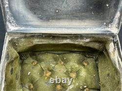 Rare Antique Small Silver Plate Figural footed Jewelry Box with Applied Gold Piece