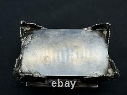 Rare Antique Small Silver Plate Figural footed Jewelry Box with Applied Gold Piece