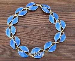 Rare David Andersen Gold Plated Sterling Silver Deep Blue Enamel Leaf Necklace