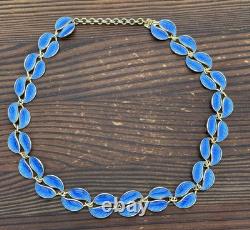 Rare David Andersen Gold Plated Sterling Silver Deep Blue Enamel Leaf Necklace