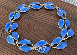 Rare David Andersen Gold Plated Sterling Silver Deep Blue Enamel Leaf Necklace
