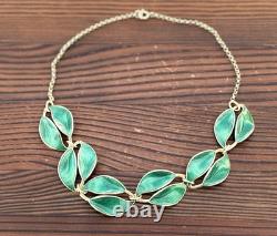 Rare David Andersen Gold Plated Sterling Silver Green Enamel Leaf Necklace
