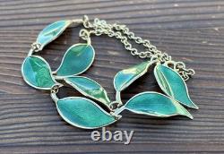 Rare David Andersen Gold Plated Sterling Silver Green Enamel Leaf Necklace