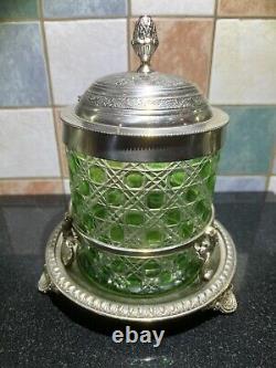 Rare Edwardian Crystal Cut Green Glass & Silver Plate Biscuit Barrel