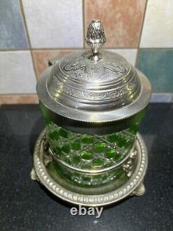 Rare Edwardian Crystal Cut Green Glass & Silver Plate Biscuit Barrel