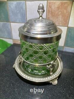 Rare Edwardian Crystal Cut Green Glass & Silver Plate Biscuit Barrel