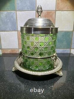 Rare Edwardian Crystal Cut Green Glass & Silver Plate Biscuit Barrel