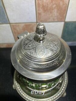 Rare Edwardian Crystal Cut Green Glass & Silver Plate Biscuit Barrel