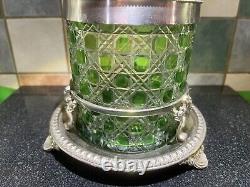 Rare Edwardian Crystal Cut Green Glass & Silver Plate Biscuit Barrel