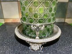 Rare Edwardian Crystal Cut Green Glass & Silver Plate Biscuit Barrel