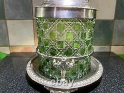 Rare Edwardian Crystal Cut Green Glass & Silver Plate Biscuit Barrel