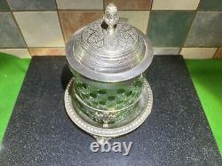 Rare Edwardian Crystal Cut Green Glass & Silver Plate Biscuit Barrel