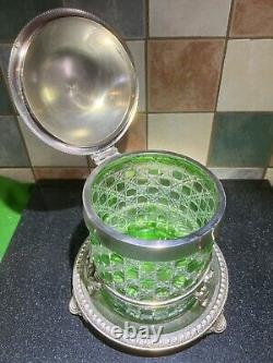 Rare Edwardian Crystal Cut Green Glass & Silver Plate Biscuit Barrel