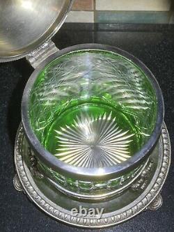 Rare Edwardian Crystal Cut Green Glass & Silver Plate Biscuit Barrel