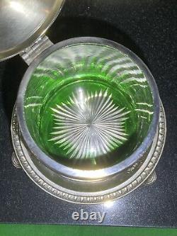 Rare Edwardian Crystal Cut Green Glass & Silver Plate Biscuit Barrel