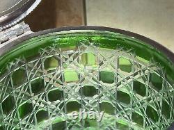 Rare Edwardian Crystal Cut Green Glass & Silver Plate Biscuit Barrel