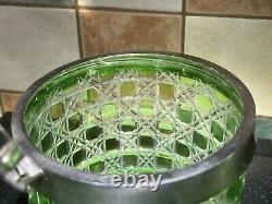 Rare Edwardian Crystal Cut Green Glass & Silver Plate Biscuit Barrel