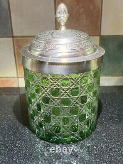 Rare Edwardian Crystal Cut Green Glass & Silver Plate Biscuit Barrel