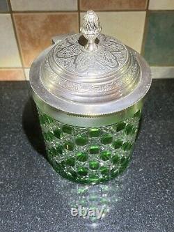 Rare Edwardian Crystal Cut Green Glass & Silver Plate Biscuit Barrel