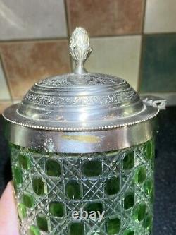 Rare Edwardian Crystal Cut Green Glass & Silver Plate Biscuit Barrel