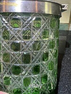 Rare Edwardian Crystal Cut Green Glass & Silver Plate Biscuit Barrel