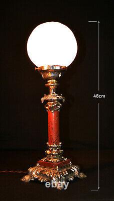 Rare French L/E art deco lamp Rogue Marble & silver plate Opaline globe shade